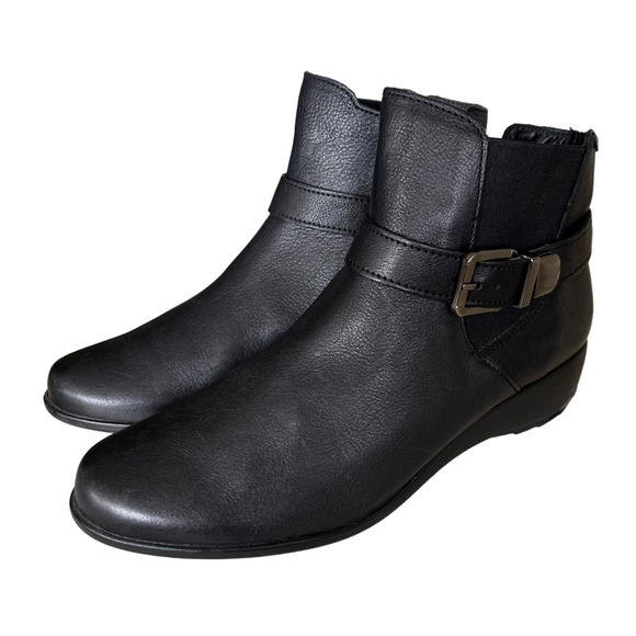 Mephisto Womans 7 Stefania Wedge Ankle Boots Leather Booties Side Buckle Black - Picture 3 of 7